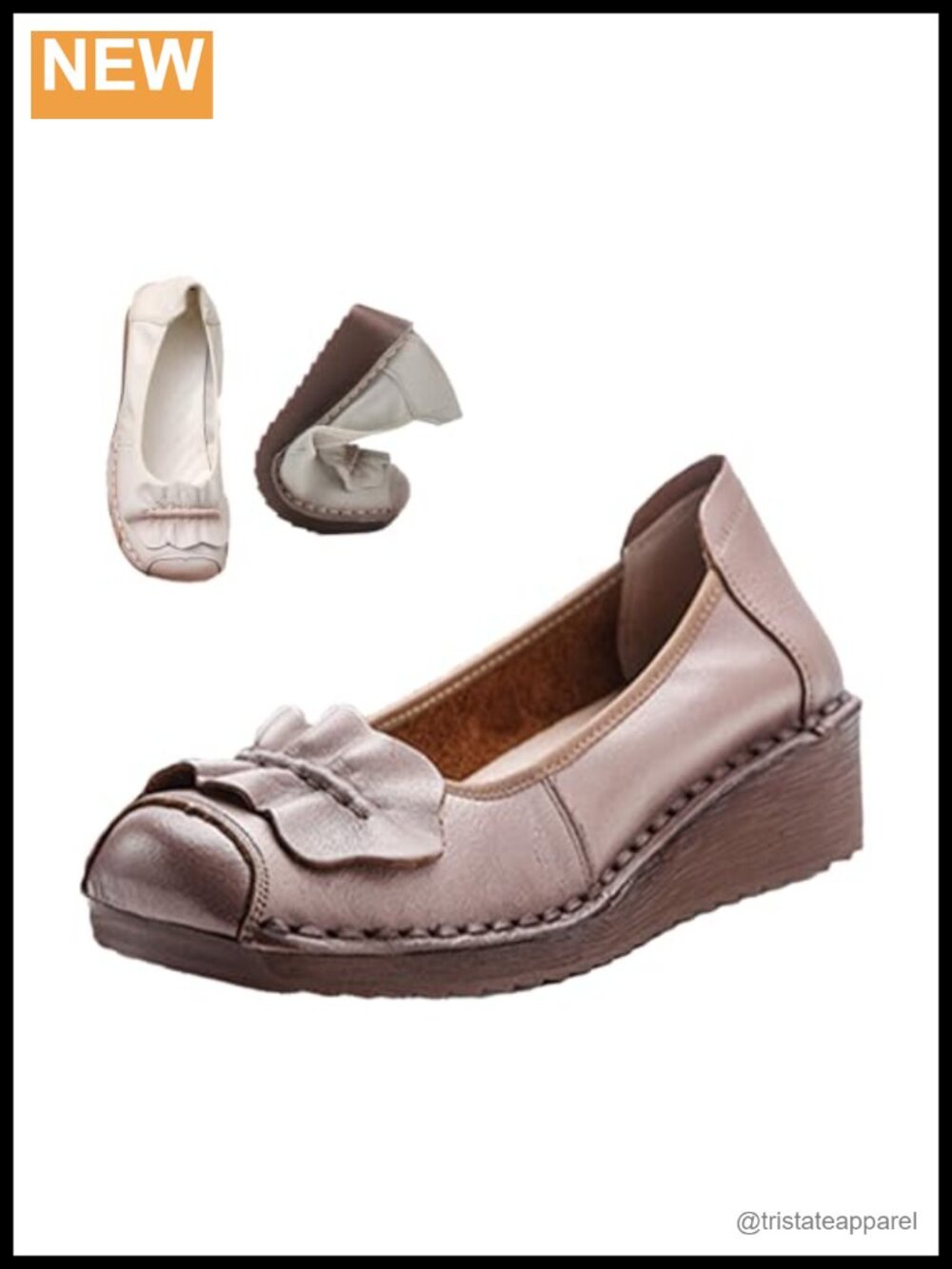 Leather Wedge Pumps Ruched Knot Bow Round Toe Slip-On Dress Shoes